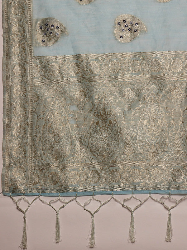 Blue Linen Woven Thread Floral Saree with Unstitched Blouse - Hiral Fashion - Distacart