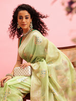 Thumbnail for Green Linen Woven Thread Floral Saree with Unstitched Blouse - Hiral Fashion - Distacart