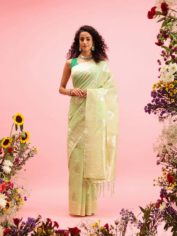Green Linen Woven Thread Floral Saree with Unstitched Blouse - Hiral Fashion - Distacart