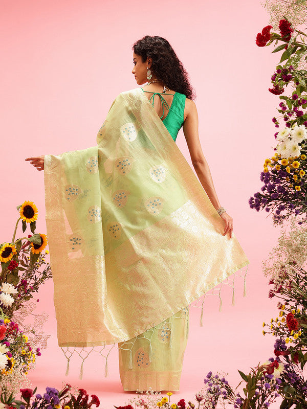 Green Linen Woven Thread Floral Saree with Unstitched Blouse - Hiral Fashion - Distacart