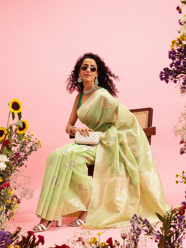 Green Linen Woven Thread Floral Saree with Unstitched Blouse - Hiral Fashion - Distacart