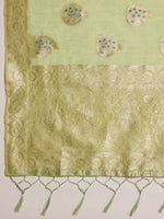 Thumbnail for Green Linen Woven Thread Floral Saree with Unstitched Blouse - Hiral Fashion - Distacart
