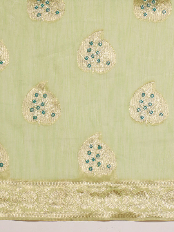 Green Linen Woven Thread Floral Saree with Unstitched Blouse - Hiral Fashion - Distacart