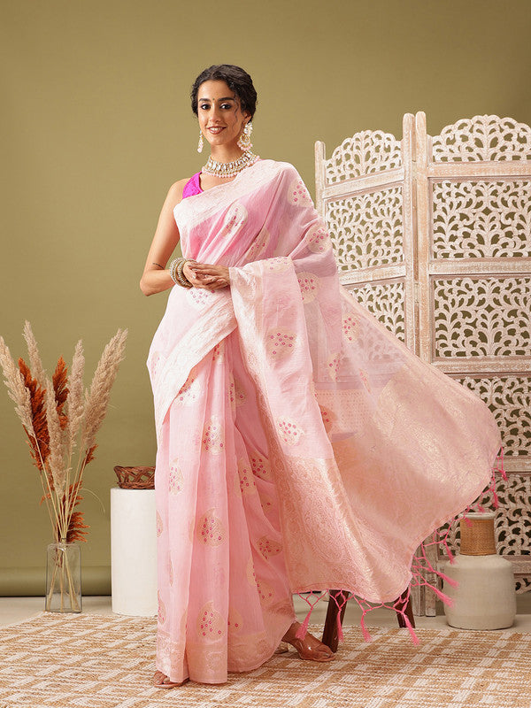 Light Pink Linen Woven Thread Floral Saree with Unstitched Blouse - Hiral Fashion - Distacart
