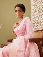 Thumbnail for Light Pink Linen Woven Thread Floral Saree with Unstitched Blouse - Hiral Fashion - Distacart