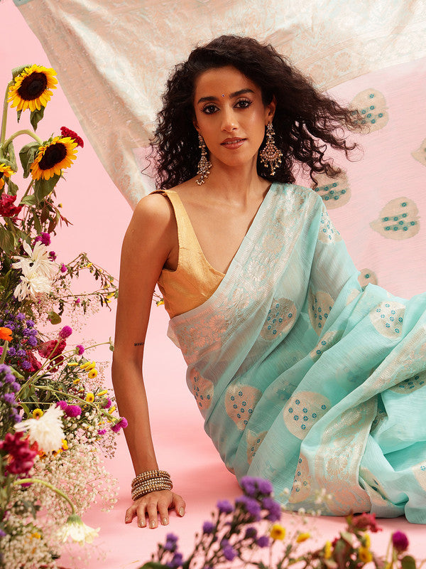Turquoise Linen Woven Thread Floral Saree with Unstitched Blouse - Hiral Fashion - Distacart