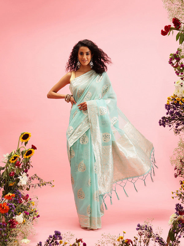 Turquoise Linen Woven Thread Floral Saree with Unstitched Blouse - Hiral Fashion - Distacart