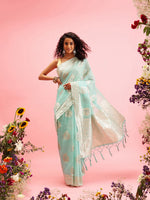 Thumbnail for Turquoise Linen Woven Thread Floral Saree with Unstitched Blouse - Hiral Fashion - Distacart
