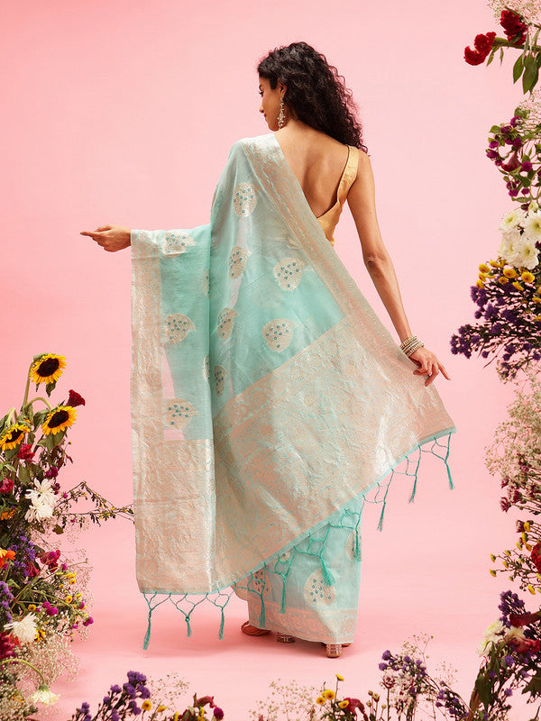 Turquoise Linen Woven Thread Floral Saree with Unstitched Blouse - Hiral Fashion - Distacart