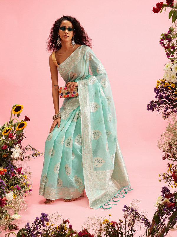 Turquoise Linen Woven Thread Floral Saree with Unstitched Blouse - Hiral Fashion - Distacart