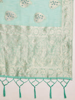 Thumbnail for Turquoise Linen Woven Thread Floral Saree with Unstitched Blouse - Hiral Fashion - Distacart