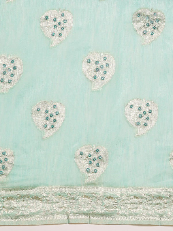 Turquoise Linen Woven Thread Floral Saree with Unstitched Blouse - Hiral Fashion - Distacart