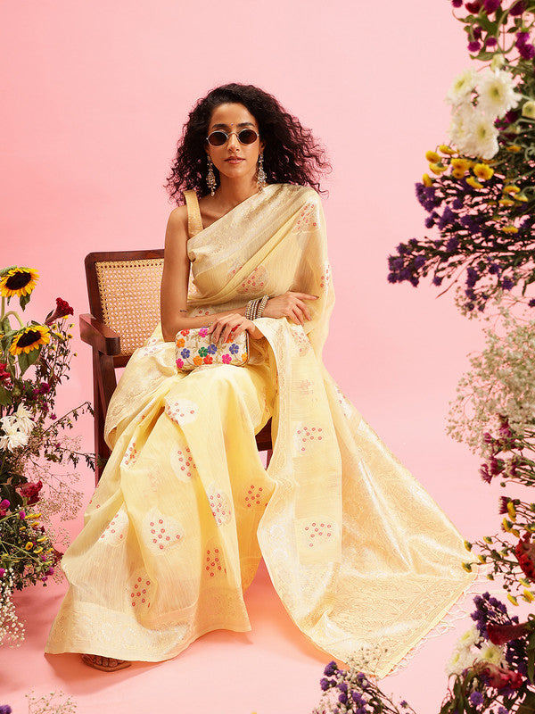 Yellow Linen Woven Thread Floral Saree with Unstitched Blouse - Hiral Fashion - Distacart