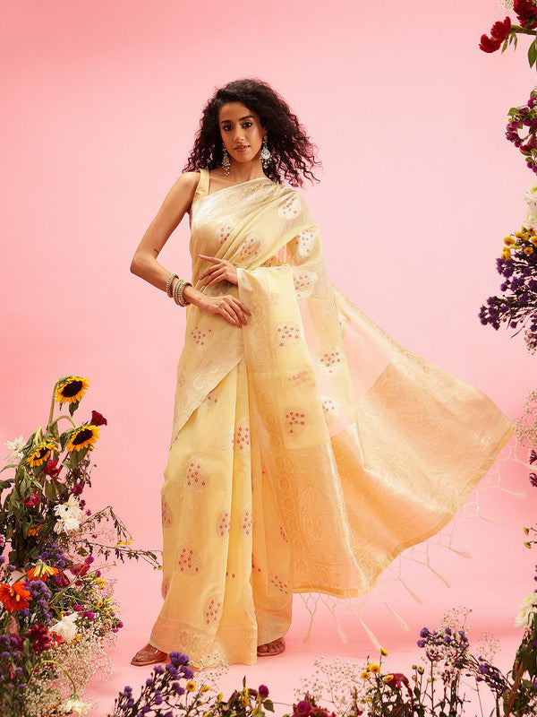 Yellow Linen Woven Thread Floral Saree with Unstitched Blouse - Hiral Fashion - Distacart