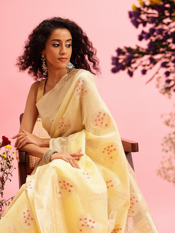 Yellow Linen Woven Thread Floral Saree with Unstitched Blouse - Hiral Fashion - Distacart