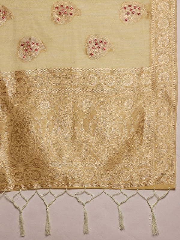 Yellow Linen Woven Thread Floral Saree with Unstitched Blouse - Hiral Fashion - Distacart
