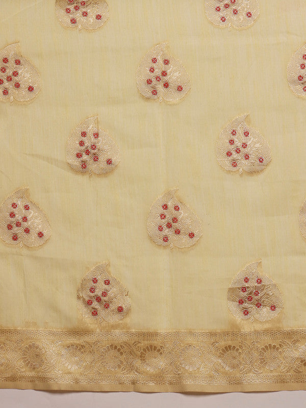 Yellow Linen Woven Thread Floral Saree with Unstitched Blouse - Hiral Fashion - Distacart