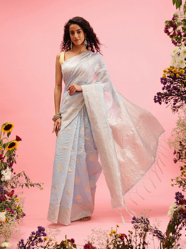 Blue Linen Woven Thread Floral Saree with Unstitched Blouse - Hiral Fashion - Distacart