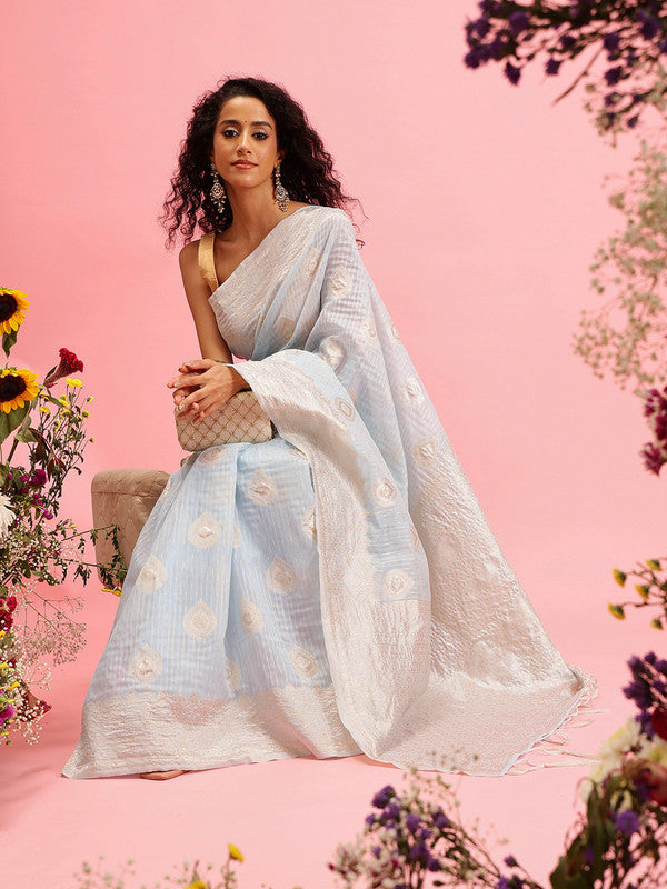 Blue Linen Woven Thread Floral Saree with Unstitched Blouse - Hiral Fashion - Distacart