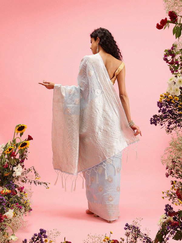 Blue Linen Woven Thread Floral Saree with Unstitched Blouse - Hiral Fashion - Distacart