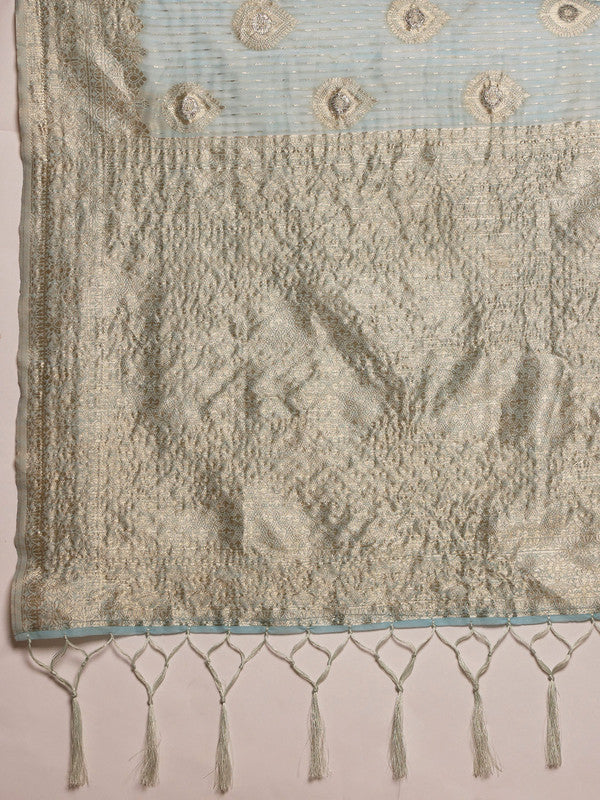 Blue Linen Woven Thread Floral Saree with Unstitched Blouse - Hiral Fashion - Distacart