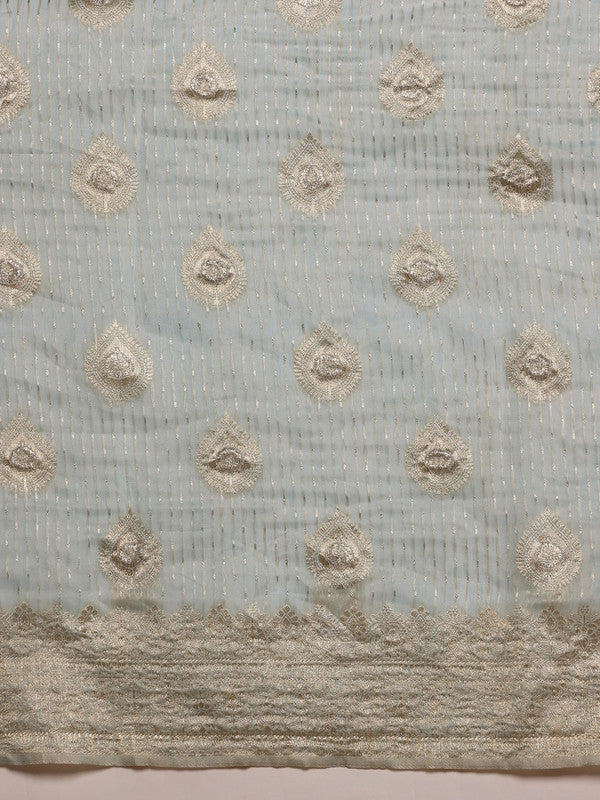 Blue Linen Woven Thread Floral Saree with Unstitched Blouse - Hiral Fashion - Distacart