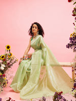 Thumbnail for Green Linen Woven Thread Floral Saree with Unstitched Blouse - Hiral Fashion - Distacart