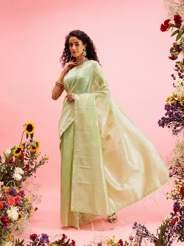 Green Linen Woven Thread Floral Saree with Unstitched Blouse - Hiral Fashion - Distacart