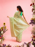 Thumbnail for Green Linen Woven Thread Floral Saree with Unstitched Blouse - Hiral Fashion - Distacart
