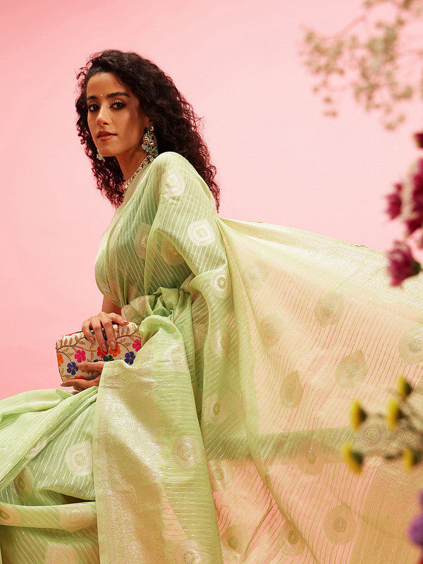Green Linen Woven Thread Floral Saree with Unstitched Blouse - Hiral Fashion - Distacart