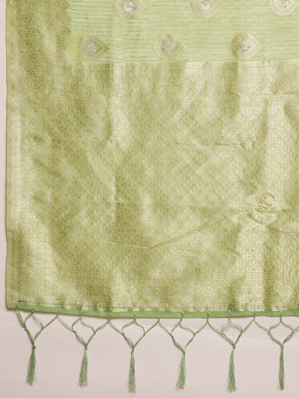 Green Linen Woven Thread Floral Saree with Unstitched Blouse - Hiral Fashion - Distacart