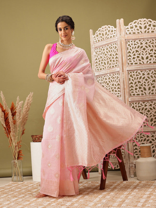 Light Pink Linen Woven Thread Floral Saree with Unstitched Blouse - Hiral Fashion - Distacart