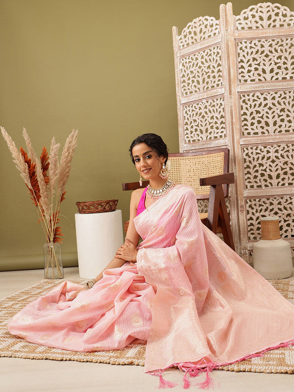 Light Pink Linen Woven Thread Floral Saree with Unstitched Blouse - Hiral Fashion - Distacart