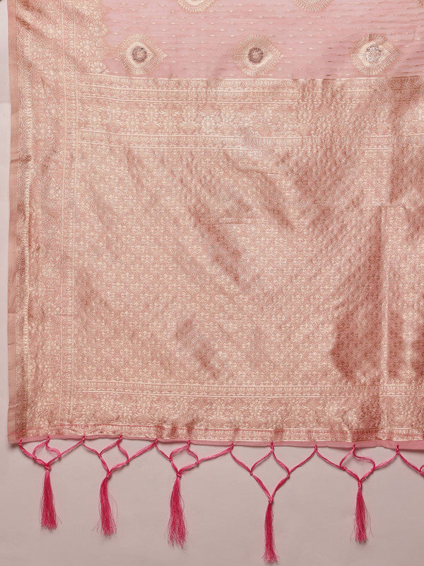 Light Pink Linen Woven Thread Floral Saree with Unstitched Blouse - Hiral Fashion - Distacart