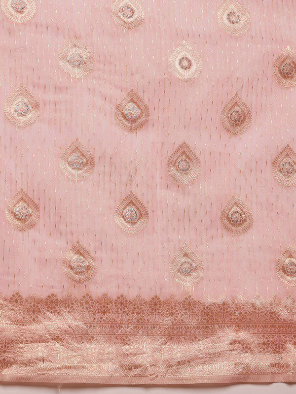 Light Pink Linen Woven Thread Floral Saree with Unstitched Blouse - Hiral Fashion - Distacart
