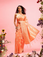 Thumbnail for Peach Linen Woven Thread Floral Saree with Unstitched Blouse - Hiral Fashion - Distacart