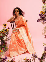 Thumbnail for Peach Linen Woven Thread Floral Saree with Unstitched Blouse - Hiral Fashion - Distacart