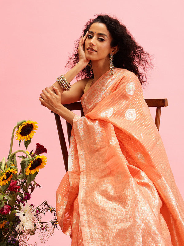 Peach Linen Woven Thread Floral Saree with Unstitched Blouse - Hiral Fashion - Distacart