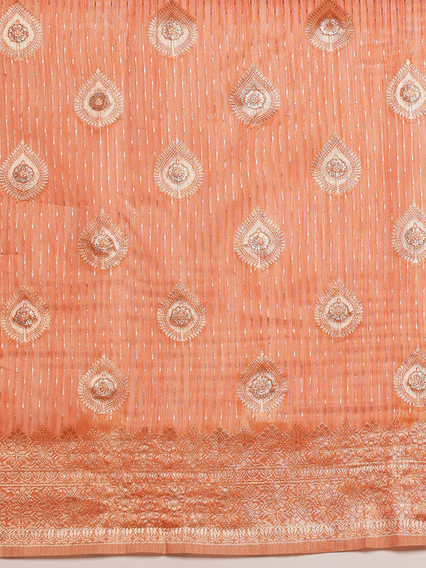Peach Linen Woven Thread Floral Saree with Unstitched Blouse - Hiral Fashion - Distacart
