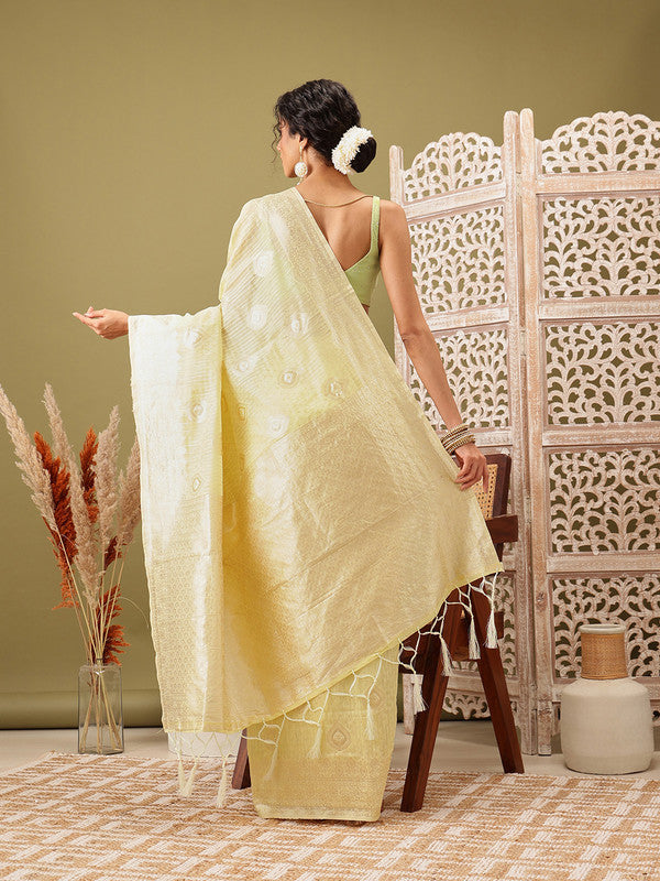 Yellow Linen Woven Thread Floral Saree with Unstitched Blouse - Hiral Fashion - Distacart