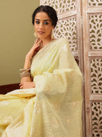 Thumbnail for Yellow Linen Woven Thread Floral Saree with Unstitched Blouse - Hiral Fashion - Distacart