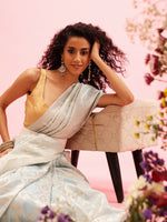 Thumbnail for Blue Linen Woven Thread Geomatric Saree with Unstitched Blouse - Hiral Fashion - Distacart