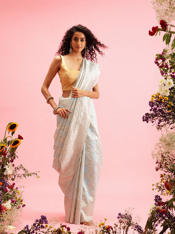 Blue Linen Woven Thread Geomatric Saree with Unstitched Blouse - Hiral Fashion - Distacart