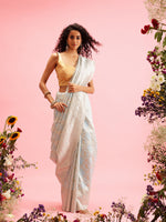 Thumbnail for Blue Linen Woven Thread Geomatric Saree with Unstitched Blouse - Hiral Fashion - Distacart