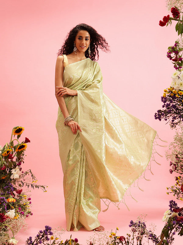 Green Linen Woven Thread Geomatric Saree with Unstitched Blouse - Hiral Fashion - Distacart