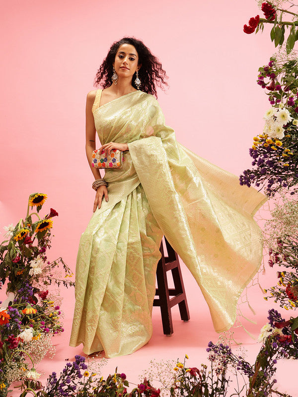 Green Linen Woven Thread Geomatric Saree with Unstitched Blouse - Hiral Fashion - Distacart