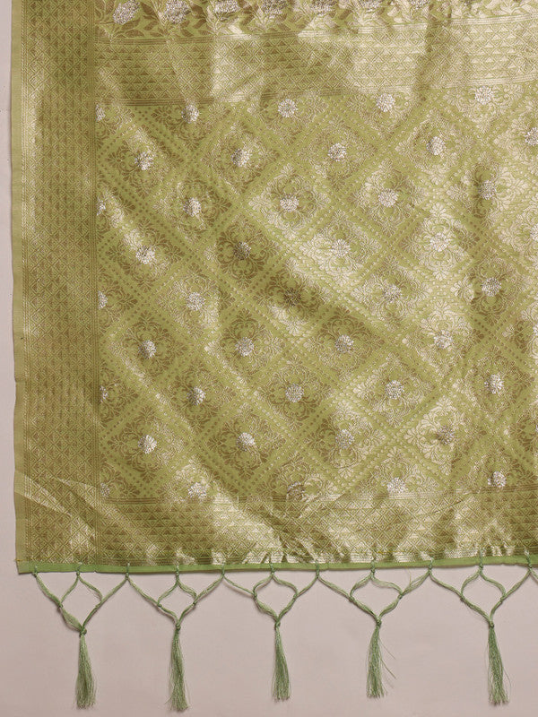 Green Linen Woven Thread Geomatric Saree with Unstitched Blouse - Hiral Fashion - Distacart