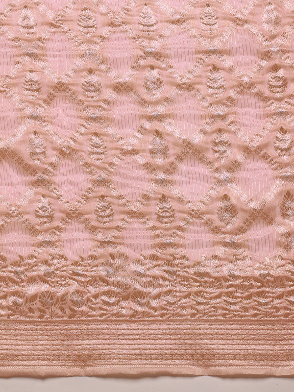 Light Pink Linen Woven Thread Geomatric Saree with Unstitched Blouse - Hiral Fashion - Distacart