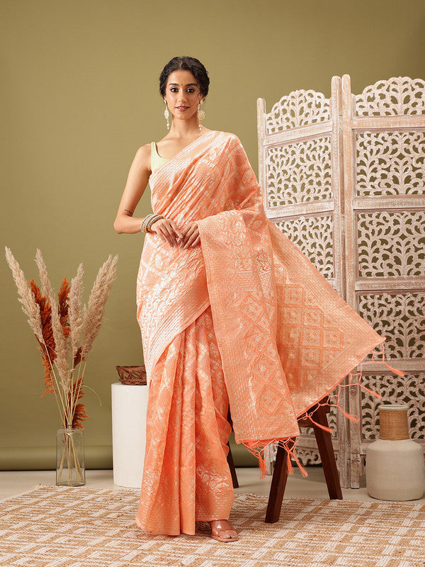Peach Linen Woven Thread Geomatric Saree with Unstitched Blouse - Hiral Fashion - Distacart