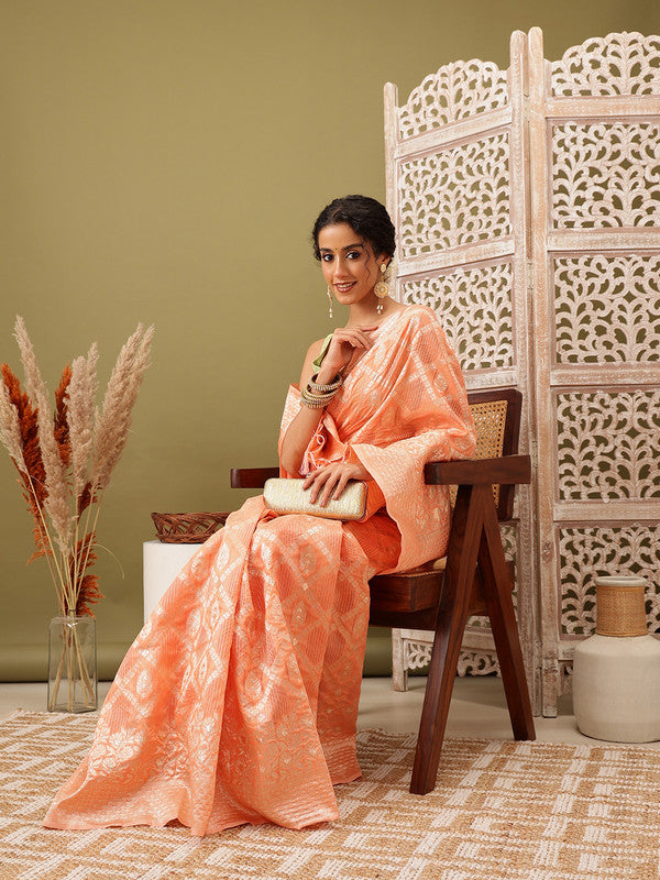 Peach Linen Woven Thread Geomatric Saree with Unstitched Blouse - Hiral Fashion - Distacart